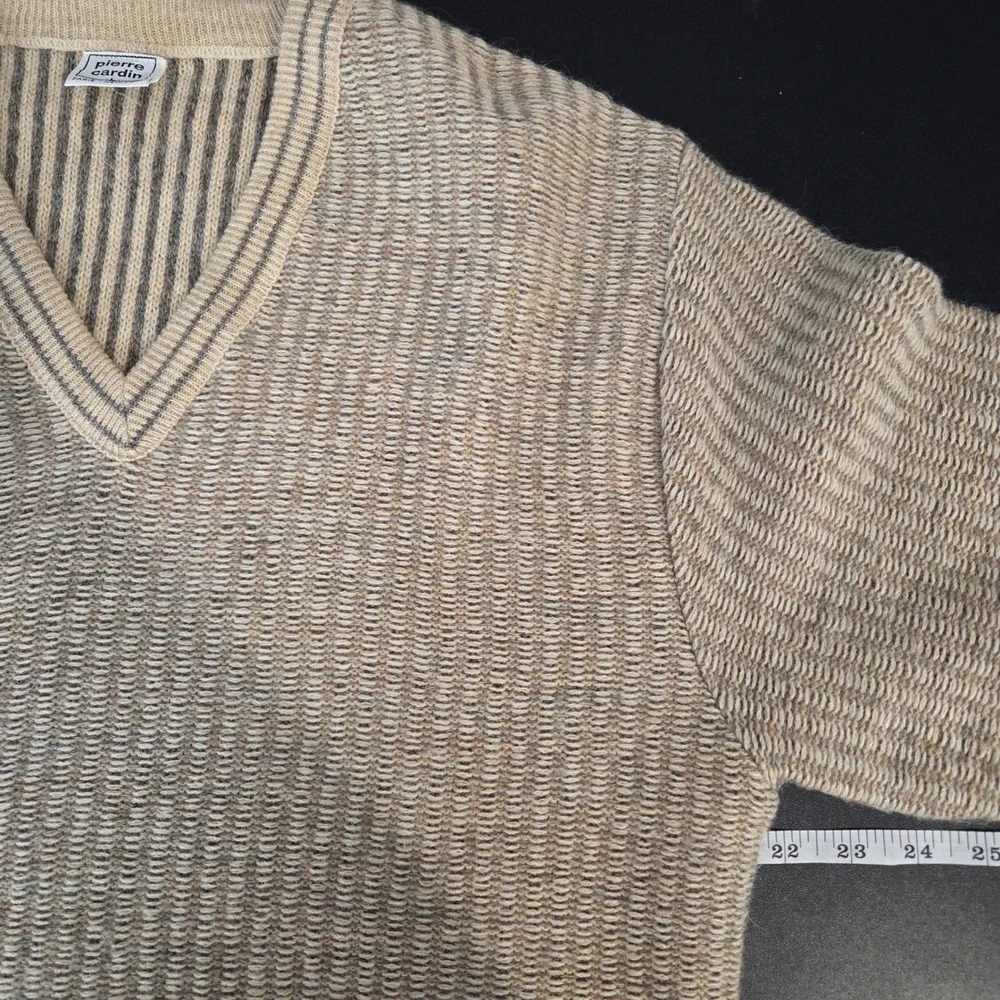 Vintage Pierre Cardin Men's V-Neck Sweater Tan Striped Knit Size L Preppy Casual